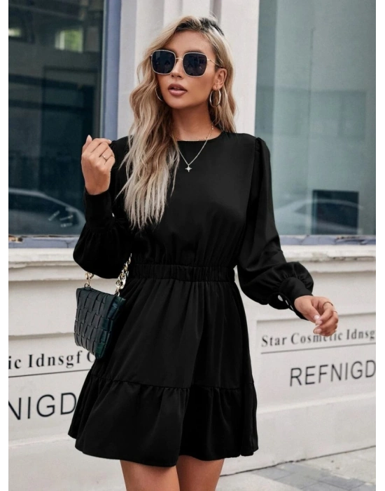 Kadın Uzun Kollu Bisiklet Yaka Beli Lastikli Fırfırlı Ithal Krep Elbise