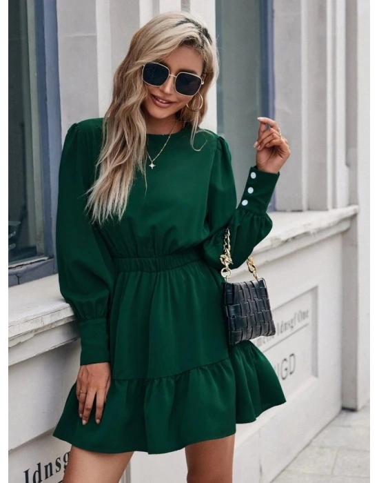 Kadın Uzun Kollu Bisiklet Yaka Beli Lastikli Fırfırlı Ithal Krep Elbise