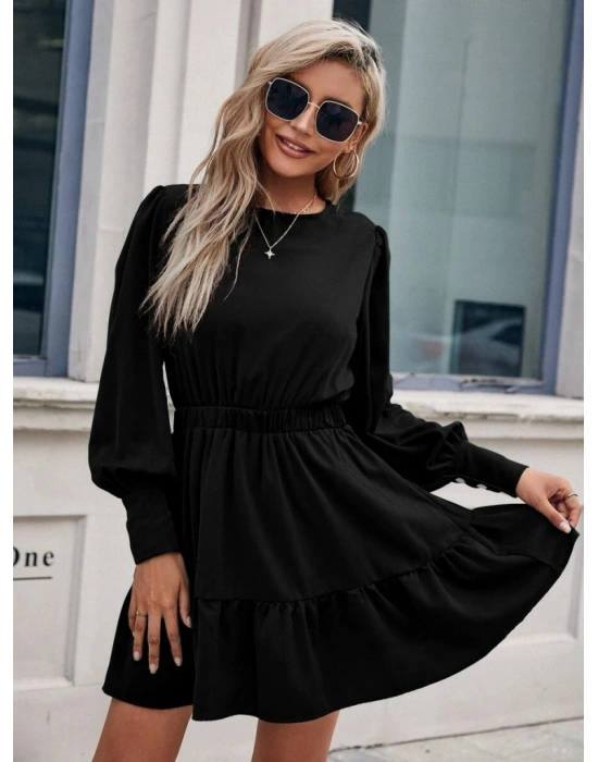 Kadın Uzun Kollu Bisiklet Yaka Beli Lastikli Fırfırlı Ithal Krep Elbise