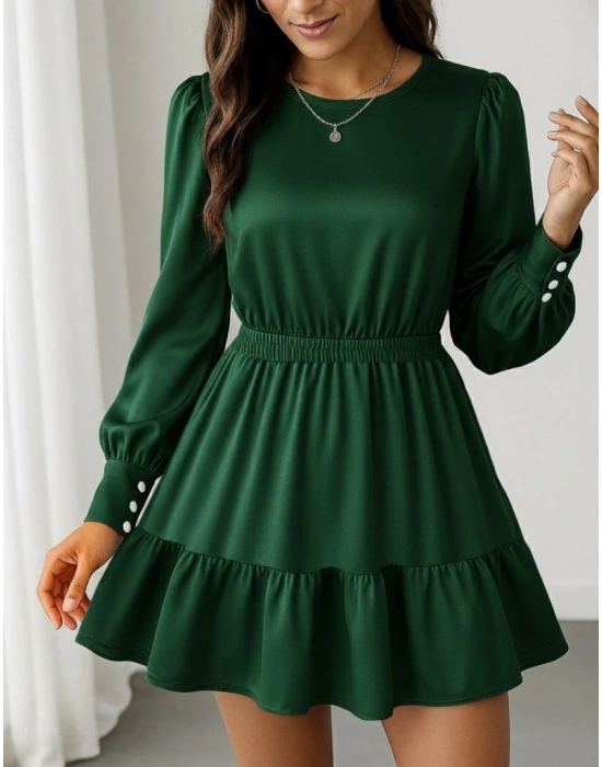 Kadın Uzun Kollu Bisiklet Yaka Beli Lastikli Fırfırlı Ithal Krep Elbise