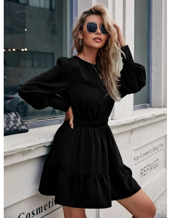 Kadın Uzun Kollu Bisiklet Yaka Beli Lastikli Fırfırlı Ithal Krep Elbise