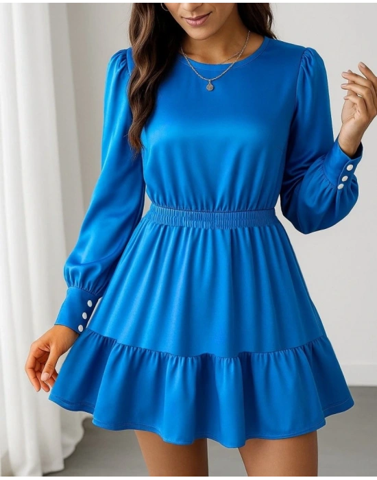 Kadın Uzun Kollu Bisiklet Yaka Beli Lastikli Fırfırlı Ithal Krep Elbise