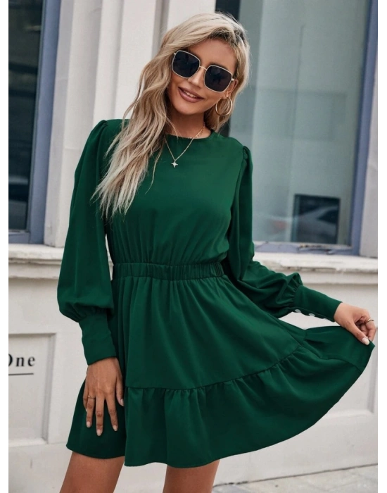 Kadın Uzun Kollu Bisiklet Yaka Beli Lastikli Fırfırlı Ithal Krep Elbise