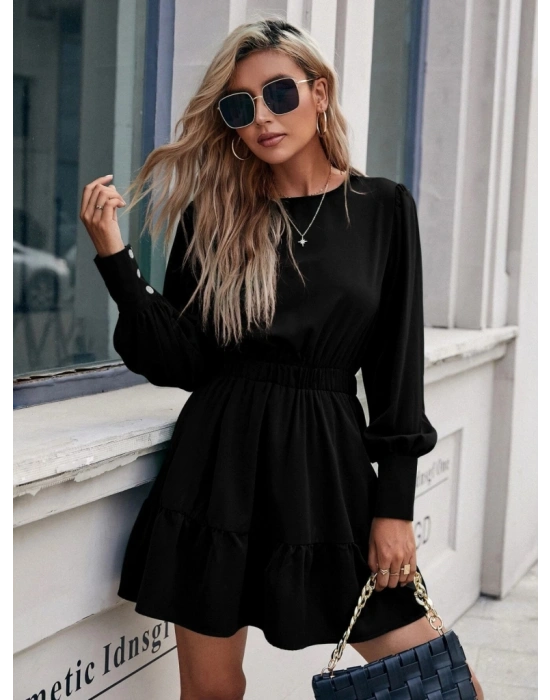 Kadın Uzun Kollu Bisiklet Yaka Beli Lastikli Fırfırlı Ithal Krep Elbise