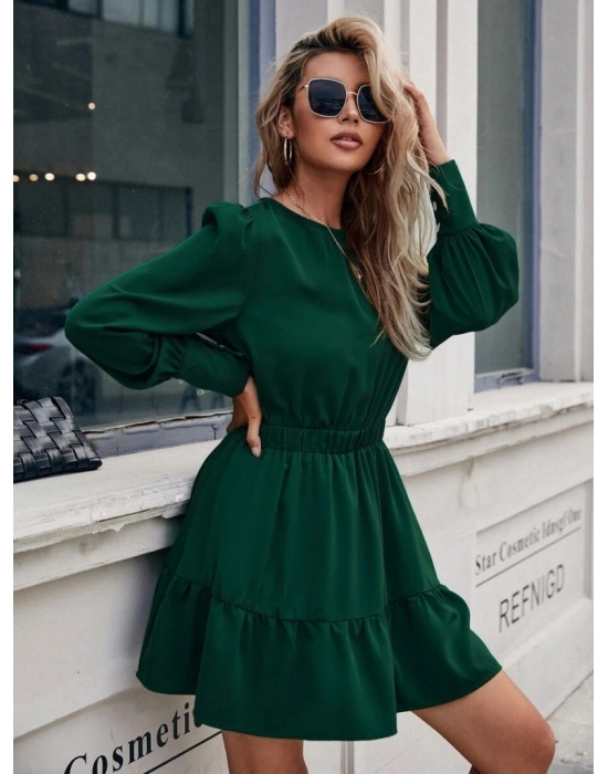 Kadın Uzun Kollu Bisiklet Yaka Beli Lastikli Fırfırlı Ithal Krep Elbise