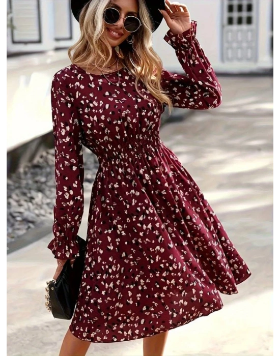 Kadın Uzun Kollu Bisiklet Yaka Beli Lastikli Midi Süprem Elbise