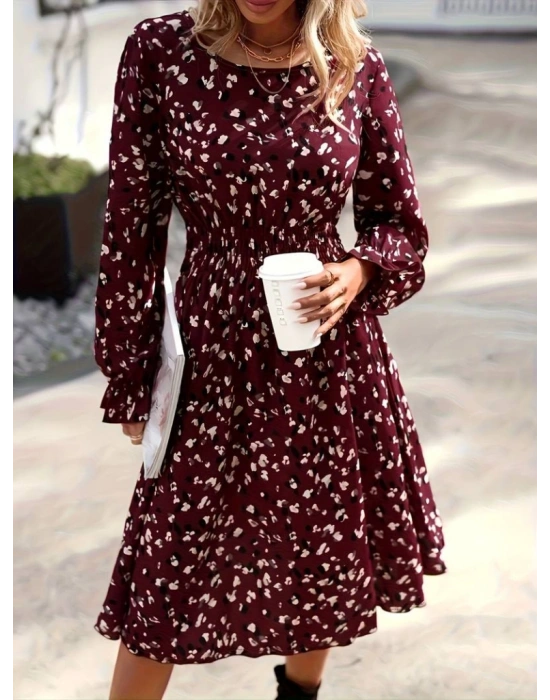 Kadın Uzun Kollu Bisiklet Yaka Beli Lastikli Midi Süprem Elbise