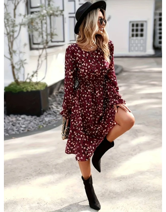 Kadın Uzun Kollu Bisiklet Yaka Beli Lastikli Midi Süprem Elbise