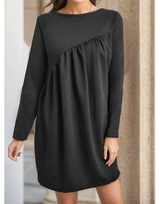 Kadın Uzun Kollu Bisiklet Yaka çapraz Büzgü Detay Iki Iplik Mini Boy Elbise