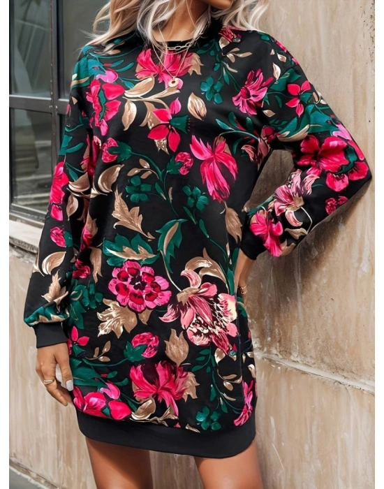 Kadın Uzun Kollu Bisiklet Yaka çiçek Baskılı şardonlu Dalgıç Elbise