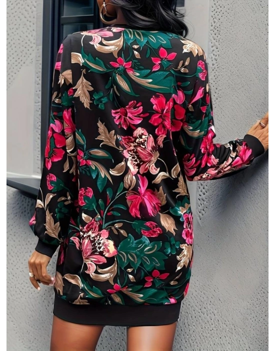 Kadın Uzun Kollu Bisiklet Yaka çiçek Baskılı şardonlu Dalgıç Elbise
