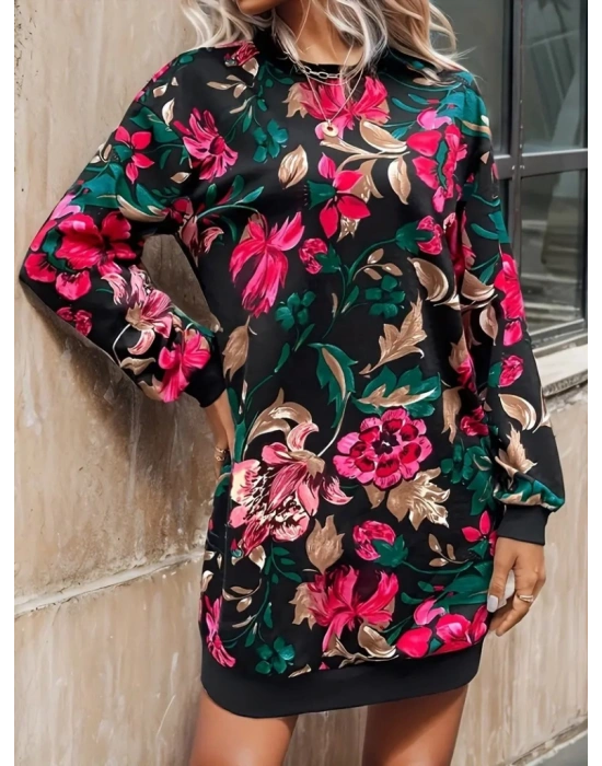 Kadın Uzun Kollu Bisiklet Yaka çiçek Baskılı şardonlu Dalgıç Elbise