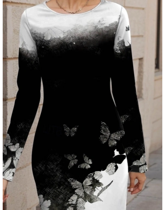 Kadın Uzun Kollu Bisiklet Yaka çiçek Desenli Kısa şardonlu Dalgıç Elbise