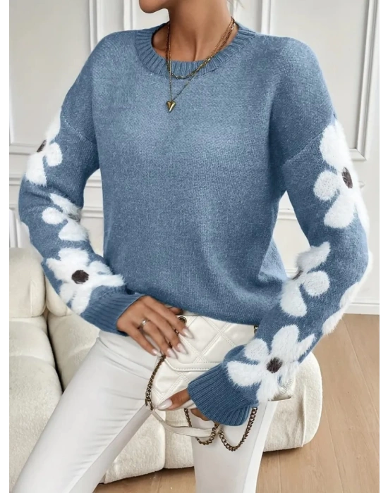 Kadın Uzun Kollu Bisiklet Yaka çiçek Desenli Triko Bluz