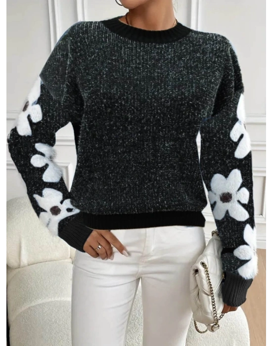 Kadın Uzun Kollu Bisiklet Yaka çiçek Desenli Triko Bluz