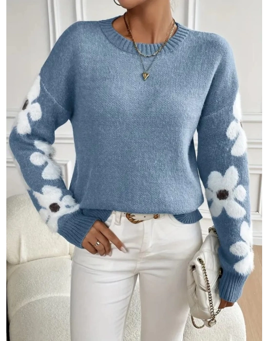 Kadın Uzun Kollu Bisiklet Yaka çiçek Desenli Triko Bluz