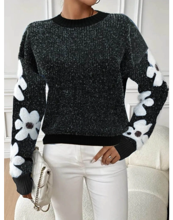 Kadın Uzun Kollu Bisiklet Yaka çiçek Desenli Triko Bluz