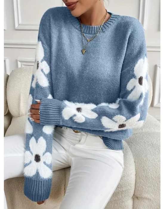 Kadın Uzun Kollu Bisiklet Yaka çiçek Desenli Triko Bluz