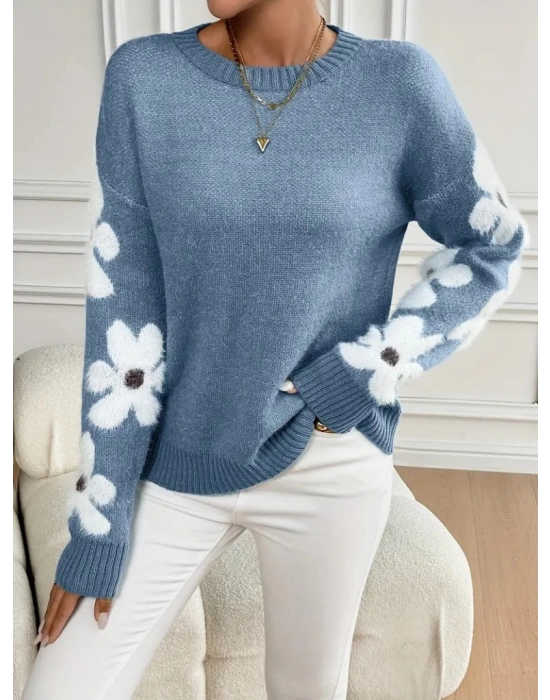 Kadın Uzun Kollu Bisiklet Yaka çiçek Desenli Triko Bluz