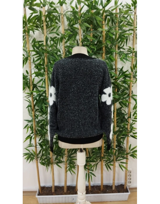 Kadın Uzun Kollu Bisiklet Yaka çiçek Desenli Triko Bluz