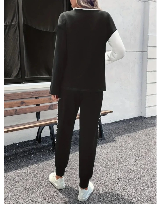 Kadın Uzun Kollu Bisiklet Yaka çift Renkli Viskon Iki Iplik Bluz Ve Pantolon Ikili Takım