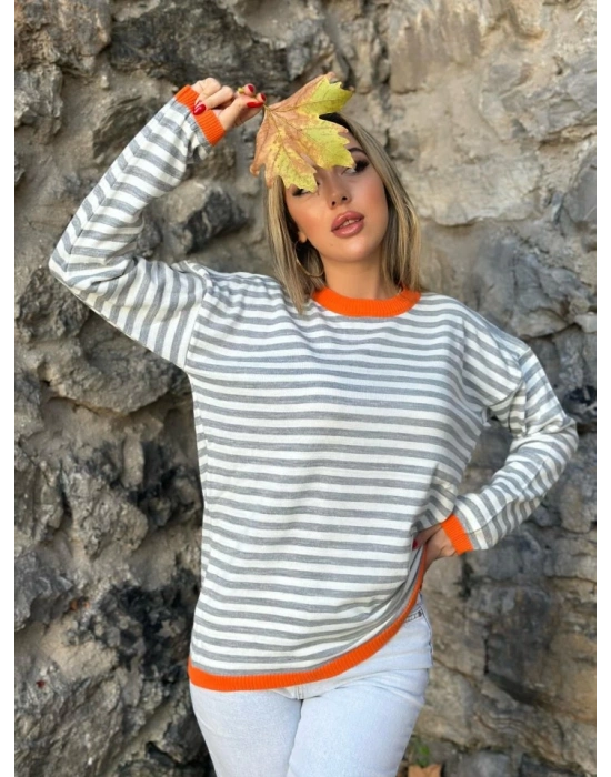 Kadın Uzun Kollu Bisiklet Yaka çizgi Desenli Triko Bluz
