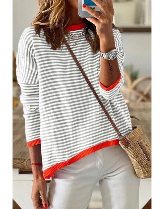 Kadın Uzun Kollu Bisiklet Yaka çizgi Desenli Triko Bluz
