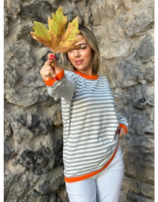 Kadın Uzun Kollu Bisiklet Yaka çizgi Desenli Triko Bluz