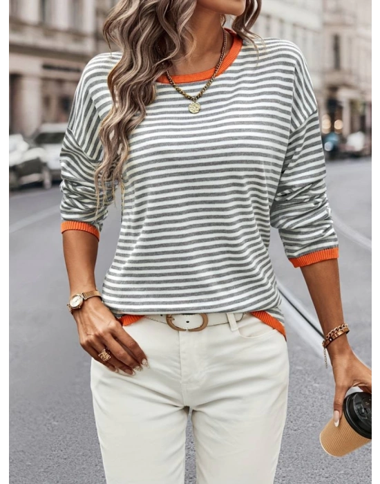 Kadın Uzun Kollu Bisiklet Yaka çizgi Desenli Triko Bluz