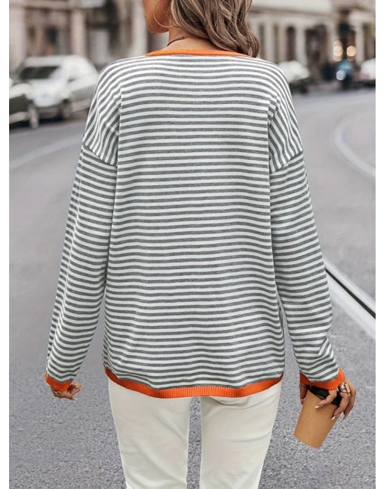 Kadın Uzun Kollu Bisiklet Yaka çizgi Desenli Triko Bluz