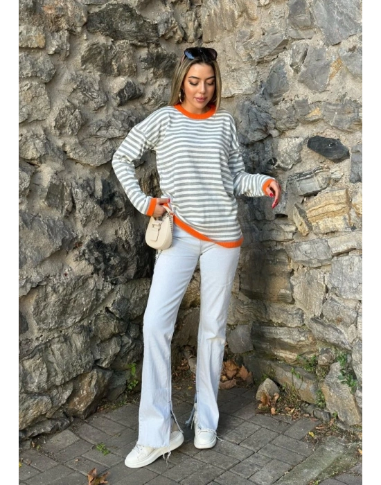 Kadın Uzun Kollu Bisiklet Yaka çizgi Desenli Triko Bluz