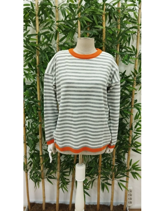 Kadın Uzun Kollu Bisiklet Yaka çizgi Desenli Triko Bluz