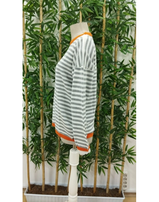 Kadın Uzun Kollu Bisiklet Yaka çizgi Desenli Triko Bluz