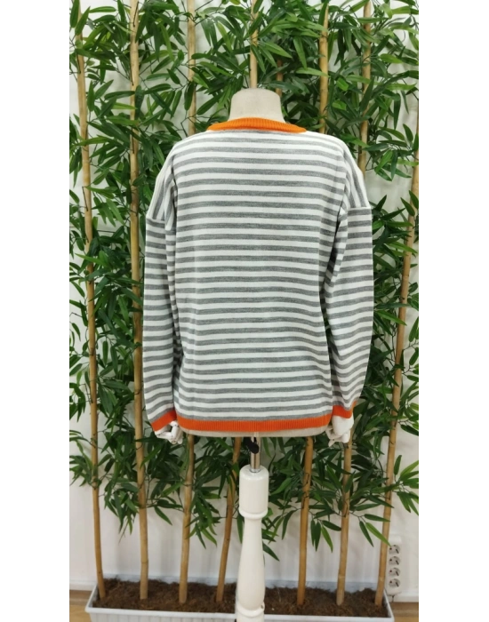 Kadın Uzun Kollu Bisiklet Yaka çizgi Desenli Triko Bluz