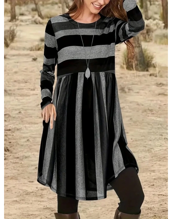 Kadın Uzun Kollu Bisiklet Yaka çizgili Desen Detaylı Süprem Mini Elbise