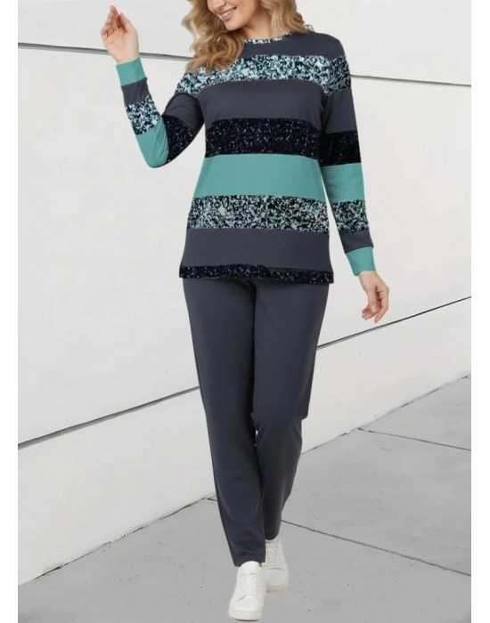 Kadın Uzun Kollu Bisiklet Yaka çizgili Desen Iki Iplik Bluz Ve Pantolon Ikili Takım