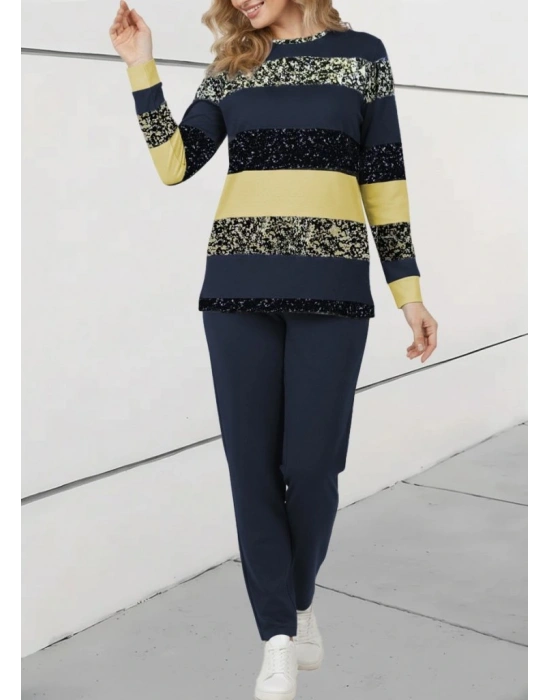 Kadın Uzun Kollu Bisiklet Yaka çizgili Desen Iki Iplik Bluz Ve Pantolon Ikili Takım