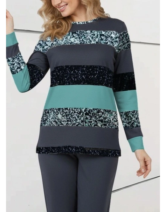 Kadın Uzun Kollu Bisiklet Yaka çizgili Desen Iki Iplik Bluz Ve Pantolon Ikili Takım