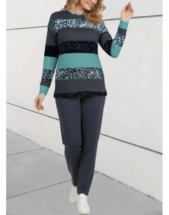 Kadın Uzun Kollu Bisiklet Yaka çizgili Desen Iki Iplik Bluz Ve Pantolon Ikili Takım