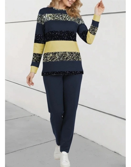 Kadın Uzun Kollu Bisiklet Yaka çizgili Desen Iki Iplik Bluz Ve Pantolon Ikili Takım