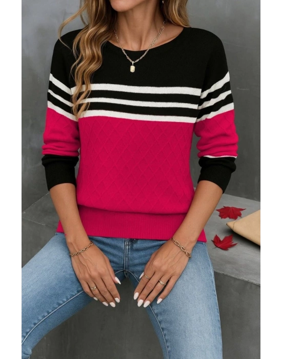 Kadın Uzun Kollu Bisiklet Yaka çok Renkli Triko Bluz