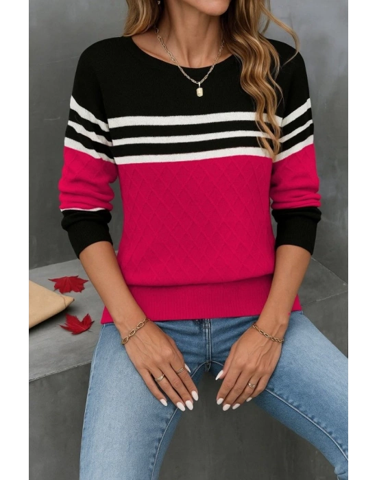 Kadın Uzun Kollu Bisiklet Yaka çok Renkli Triko Bluz