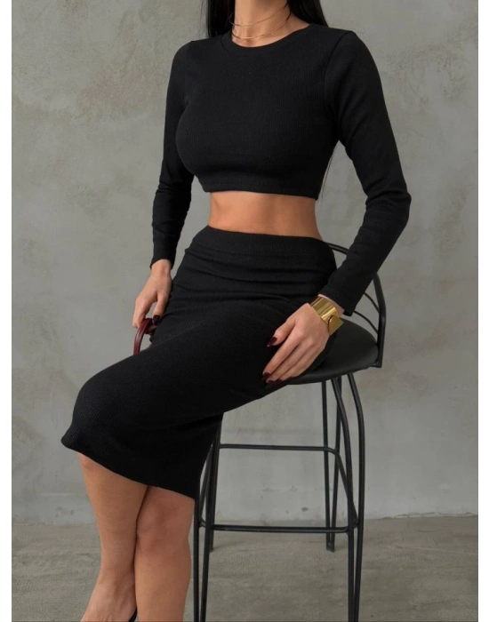 Kadın Uzun Kollu Bisiklet Yaka Crop Ve Midi Boy Kaşkorse Kumaş Etek Ikili Takım