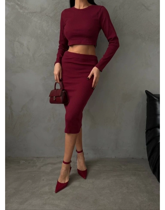 Kadın Uzun Kollu Bisiklet Yaka Crop Ve Midi Boy Kaşkorse Kumaş Etek Ikili Takım