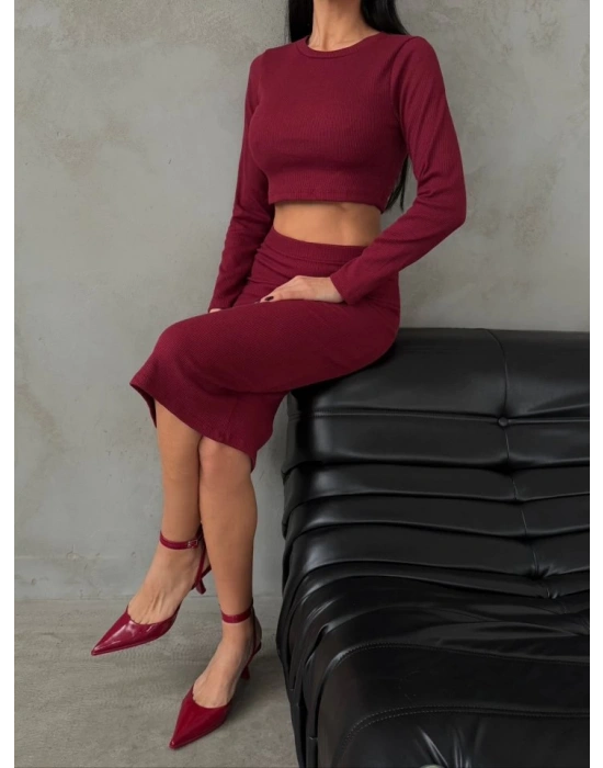 Kadın Uzun Kollu Bisiklet Yaka Crop Ve Midi Boy Kaşkorse Kumaş Etek Ikili Takım