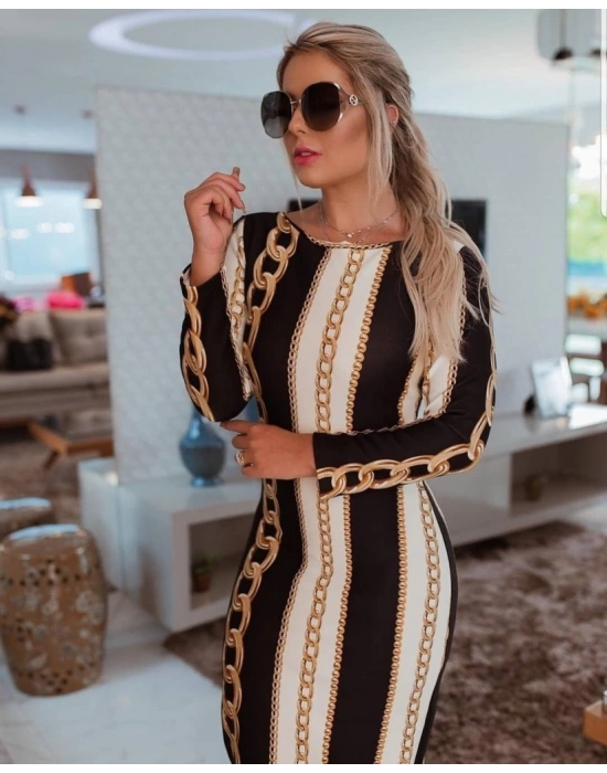 Kadın Uzun Kollu Bisiklet Yaka cuba Midi Boy Elbise