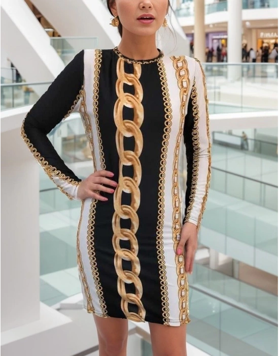 Kadın Uzun Kollu Bisiklet Yaka cuba Midi Boy Elbise