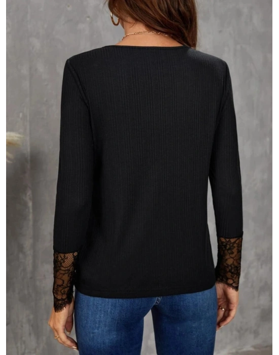 Kadın Uzun Kollu Bisiklet Yaka Dantel Detaylı Burgu Bluz