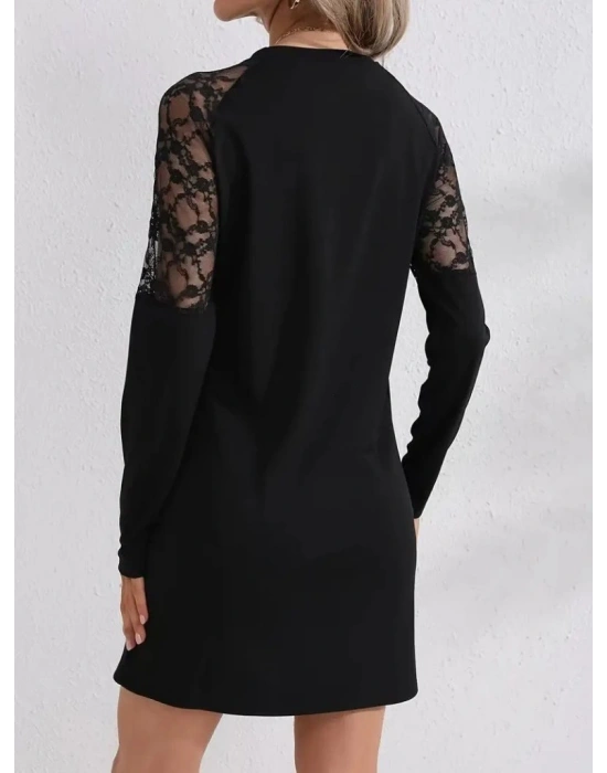 Kadın Uzun Kollu Bisiklet Yaka Dantel Detaylı Visk8n Iki Iplik Düğmeli Mini Elbise