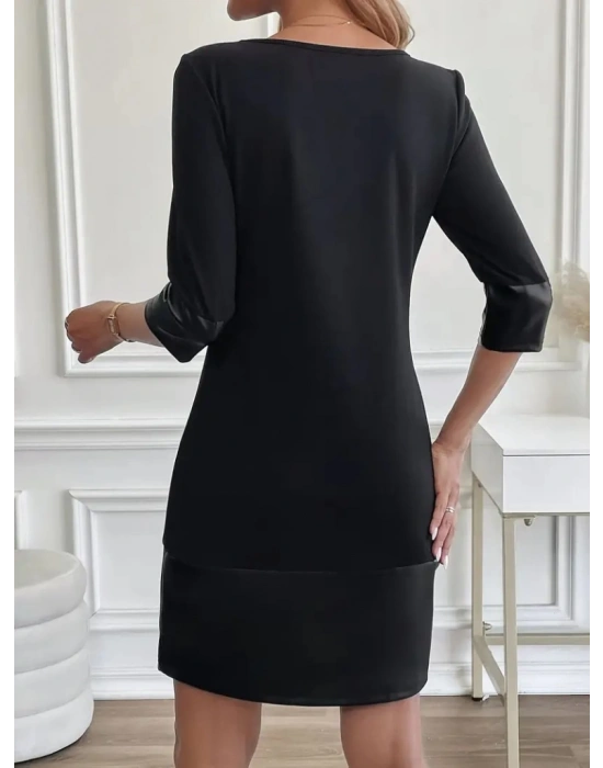 Kadın Uzun Kollu Bisiklet Yaka Deri Detaylı Ithal Krep Elbise